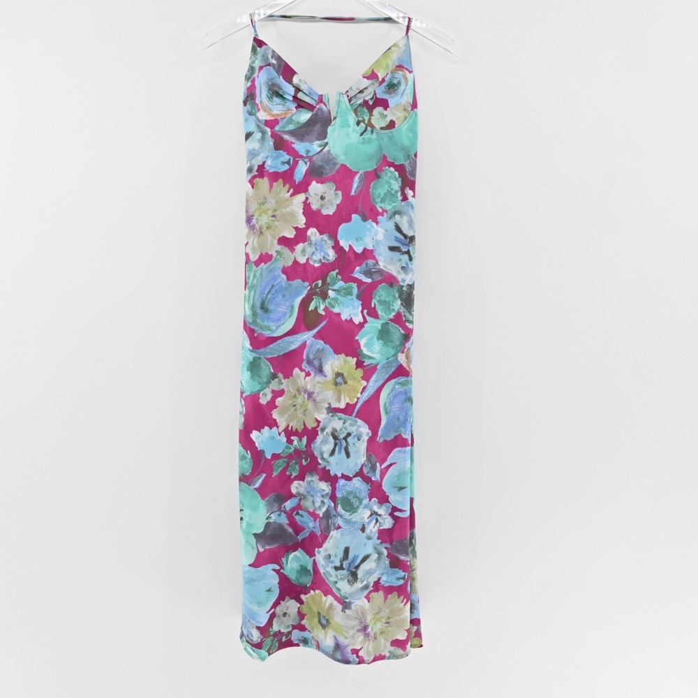 ACOA Dress Size M Blue Magenta Floral Print Strapless V Neck Midi Slip Vacation - Picture 3 of 13